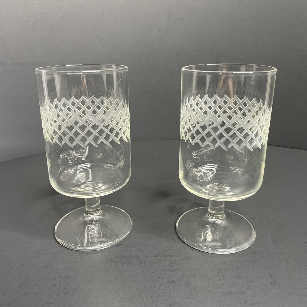 Vintage Etched Cut Crisscross Stemmed Cordial Shot Liquor Glasses Set Of 2- 4.5"